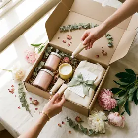 Hands sharing skincare samples, a candle and a thank-you card from a gift box