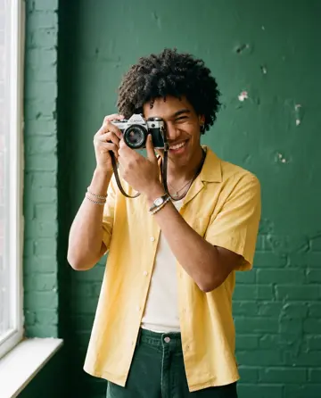Creator posing with a vintage film camera