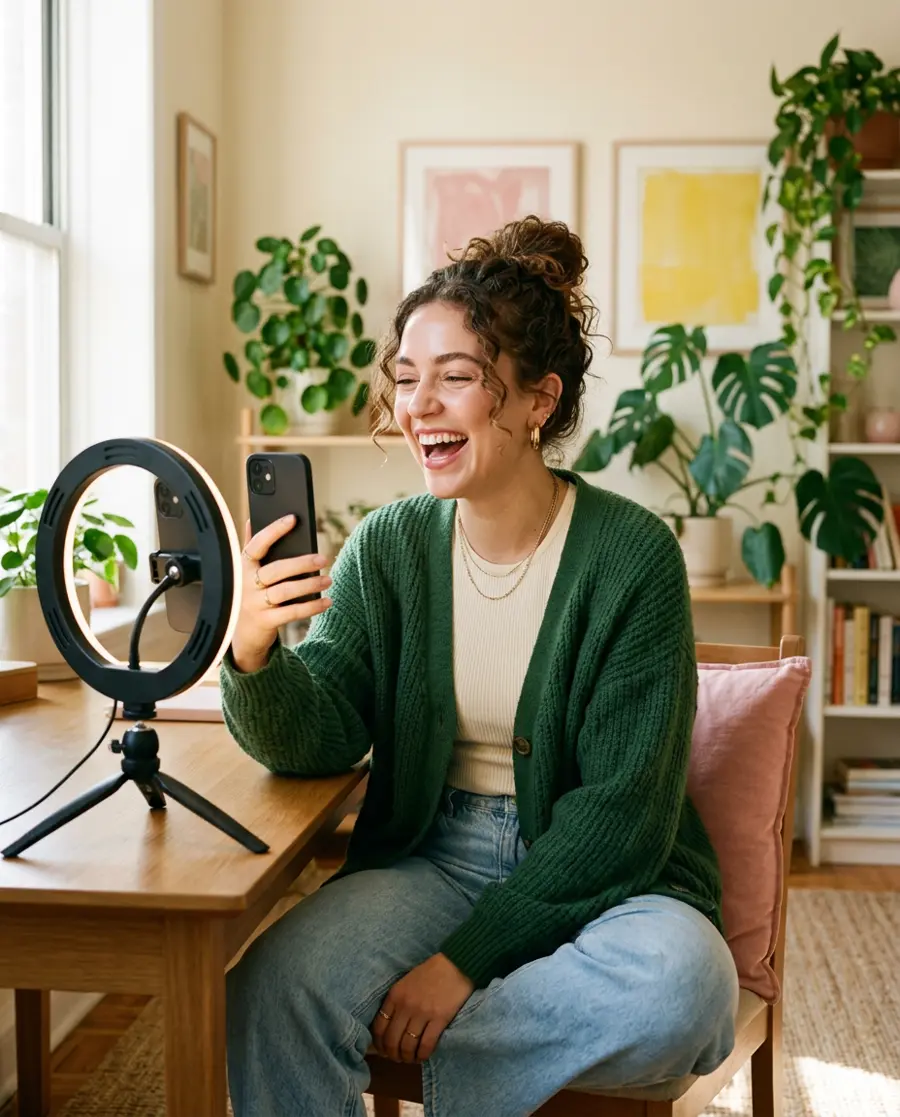 A laughing creator filming herself with a phone and ring light
