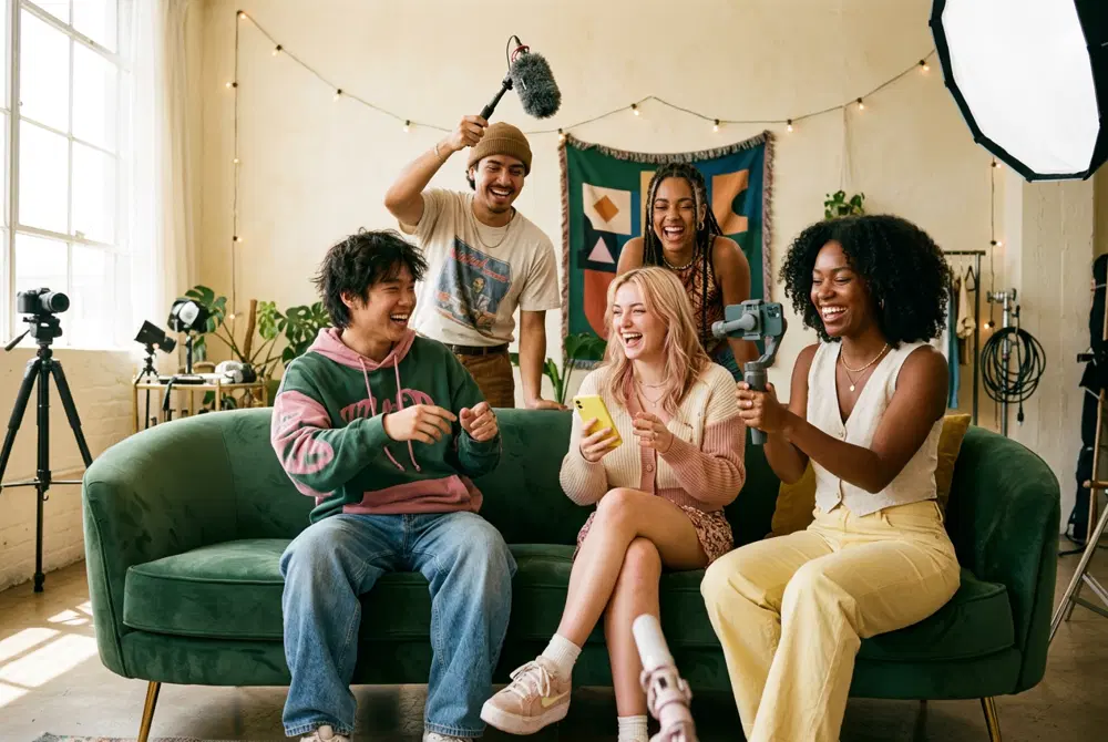 Group of friends laughing while filming a video on a green velvet sofa